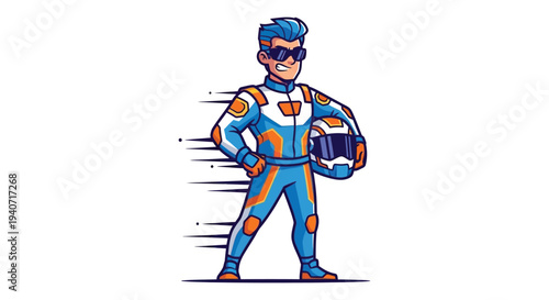 A vibrant cartoon illustration depicts a futuristic pilot standing with a helmet showcasing a dynamic silhouette high quality professional detailed modern