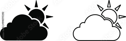 Weather icons with sun and clouds isolated on transparent background, Vector