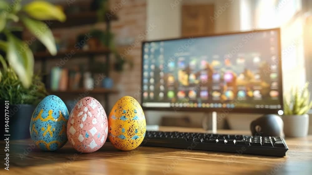 Decorated easter eggs on desk with computer in modern office setting ...