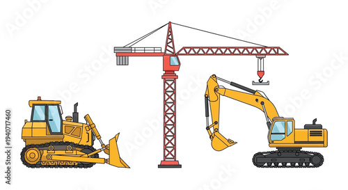 Construction vehicles including a bulldozer excavator and tower crane are depicted in a flat graphic silhouette high quality professional detailed modern