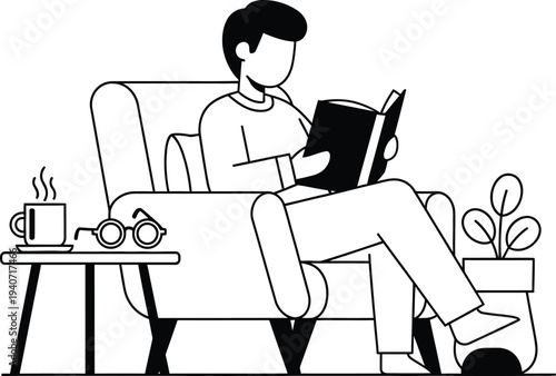 Man sitting on sofa reading book with coffee and glasses on table wqe (601)