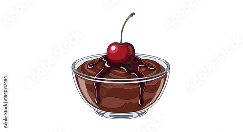 A luscious brown chocolate mousse, generously drizzled with dark chocolate sauce and topped with a vibrant red cherry, is presented in a clear glass bowl.