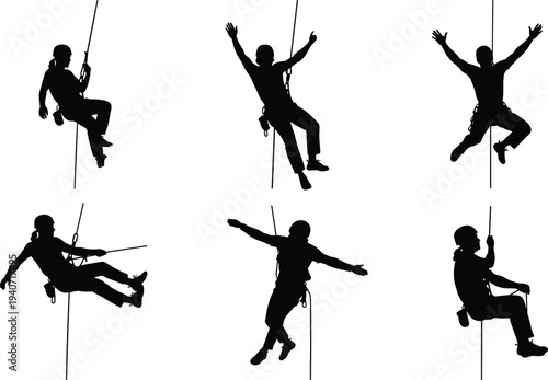 climbing, rope, climber, rappel, mountaineering, adventure, silhouette, sport, extreme, hiking, outdoor, mountaineer, challenge, exploration, safety, illustration, vector, activity, people, descent