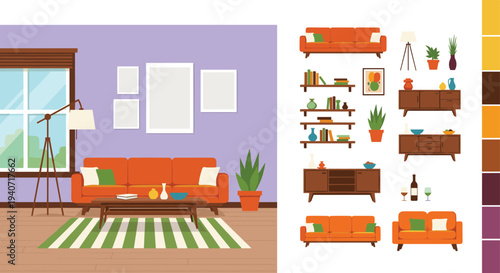 Collection of colorful modern furniture illustrations including various sofas, armchairs, mid century seating, velvet couches, and contemporary home decor elements,