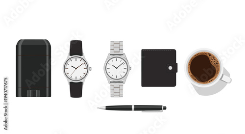A minimalist flat lay displays a curated selection of men's personal accessories, including two watches, a wallet, and a coffee cup, neatly arranged.
