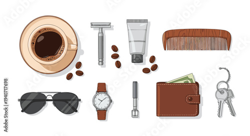 A diverse collection of men's daily essentials, including coffee, grooming tools, accessories, and personal items, is neatly arranged in a flat lay composition.