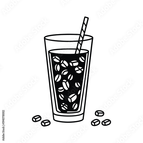 Cold coffee drink with ice cubes and coffee beans in a tall glass