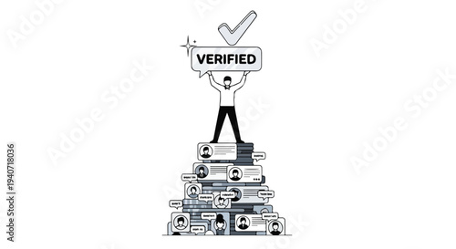 A cartoon character stands on a stack of social media icons holding a verified sign with a checkmark in a flat 2D illustration influencing online presence.