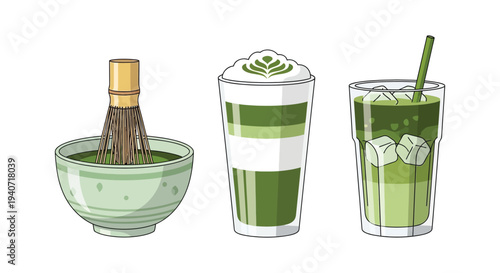 Three vibrant matcha beverages are displayed including a whisk frothy latte and iced drink silhouette high quality professional detailed modern elegant