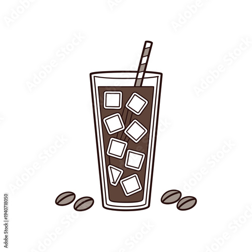 Glass of cold iced coffee drink with ice cubes and coffee beans on white