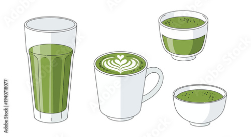 An illustration depicting various green tea beverages in differing glassware showcasing a clean silhouette high quality professional detailed modern elegant stylish