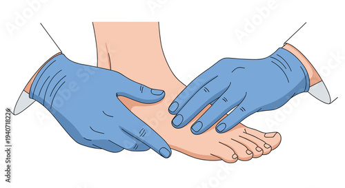 Two gloved hands are carefully examining the top and toes of a bare human foot from a front view.