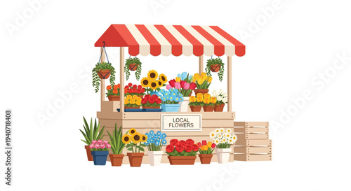 A vibrant flower stall with a red and white striped awning displays colorful blooms offering local varieties silhouette high quality professional