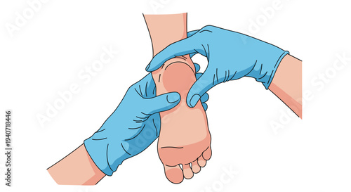 Two gloved hands are carefully examining the sole and heel of a bare human foot from a back-bottom view.