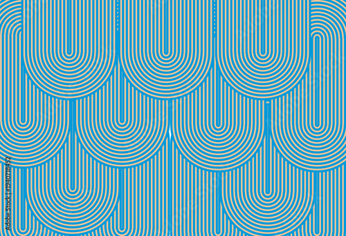 Elegant seamless pattern featuring blue gradient scallop shell shapes arranged in an ogee geometric layout. Abstract decorative vector background with smooth curves, ideal for wallpaper,