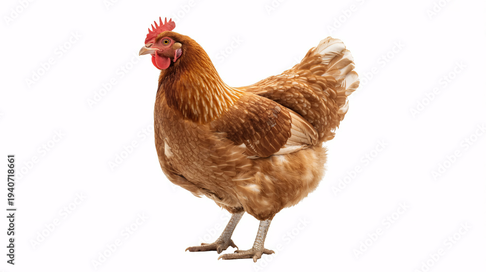 Fototapeta premium Vibrant brown chicken standing confidently on white background