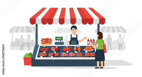 A vibrant market stall displays various meats and is attended by a vendor and customer a silhouette high quality professional