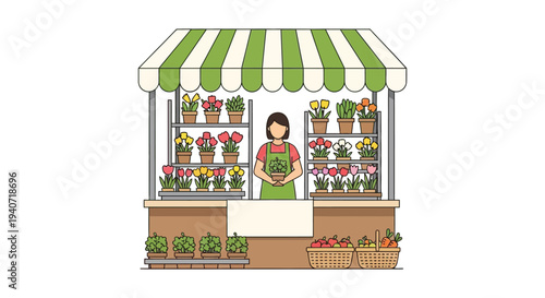 A charming flower stall illustration with a vendor tending to colorful plants presented in a distinct silhouette high quality professional detailed