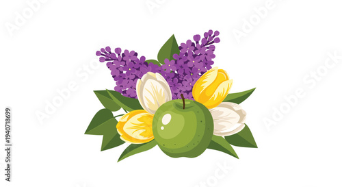 A delightful arrangement of white and yellow tulips, purple lilac, and a green apple is presented.