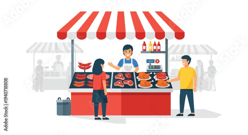 A vibrant outdoor market stall displays various meats and goods with customers interacting depicted as a silhouette high quality professional detailed