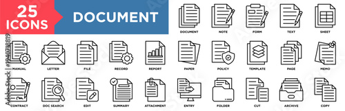 Document Icon Set Collection. Icon Pack Contain File, Paper, Report, Form, Record, Sheet, Text, Note, Page, Letter, Memo