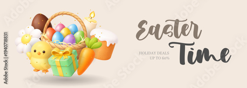 Easter Time banner with basket, cake and chick. 3D realistic holiday deals promotion illustration