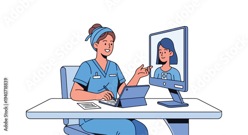 A healthcare worker in blue scrubs engages in a virtual consultation with a patient on a computer screen in a flat 2D style, post-pandemic telemedicine setting.