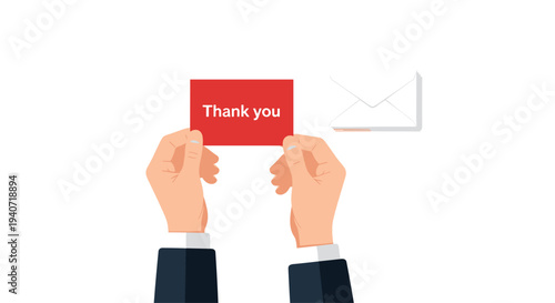 Two hands in blue cuffs are holding a red Thank you card with a white envelope floating nearby.
