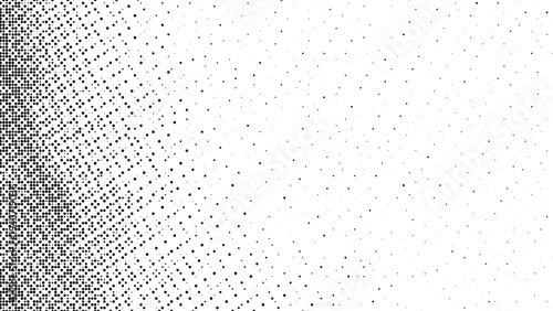 Halftone pattern fading from dense dots to scattered small particles on transparent grid background abstract graphic design