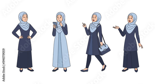 Four muslim women in hijabs are shown in various poses and outfits a flat vector illustration silhouette high quality professional detailed