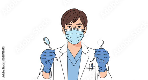 A male doctor wearing a mask and gloves holds a dental mirror and probe while looking forward.