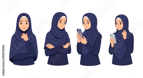 Four cartoon depictions of a woman wearing a hijab in various poses exhibiting modern islamic fashion silhouette high quality professional detailed