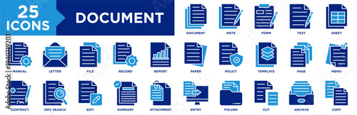 Document Icon Set Collection. Icon Pack Contain File, Paper, Report, Form, Record, Sheet, Text, Note, Page, Letter, Memo