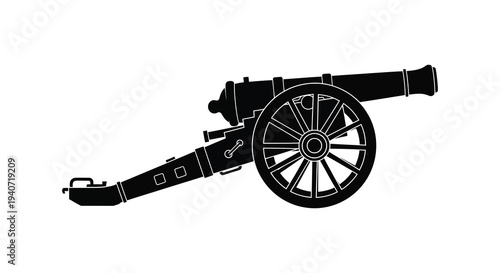 A striking black silhouette depicts an antique cannon showcasing historical weaponry and military design silhouette high quality professional detailed modern elegant