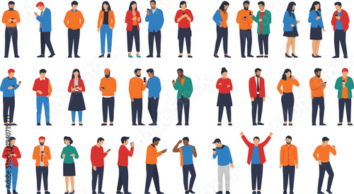 People using smartphone collection with men and women texting chatting browsing social media mobile communication flat vector illustration set