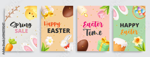 Set of Easter sale posters with bunny, eggs, flowers and gifts. Vertical 3D spring templates for holiday promotion