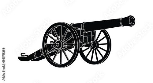 A striking black silhouette depicts a vintage cannon showcasing historical weaponry and design silhouette high quality professional detailed modern elegant stylish