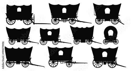 Nine black silhouettes of covered wagons showcasing various angles and views evoking a western theme silhouette high quality professional detailed modern