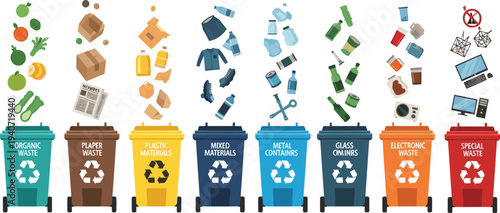 Recycling, waste, sorting, bins, sustainability, garbage, separation, plastic, paper, glass, metal, organic, electronic, special, environment, ecology, management, household, infographic, illustration