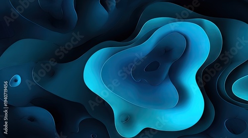Abstract layered shapes in shades of blue with a flowing liquid effect