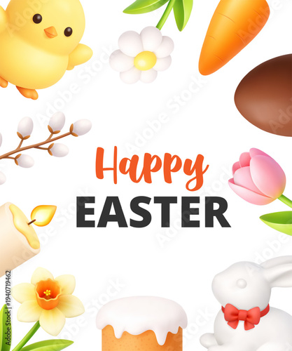 Happy Easter vertical poster with flowers, rabbit and festive elements. Minimal 3D spring greeting template