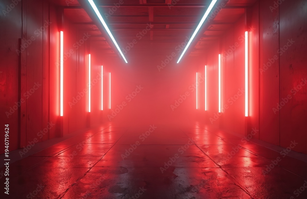 Fototapeta premium Dark red tunnel interior with rows of bright neon lights and reflective wet floor. Fog fills space creating atmosphere of mystery and suspense. This setting evokes modern industrial or sci-fi themes.