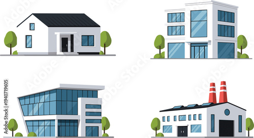 Residential and commercial buildings set, modern house office factory architecture collection, urban property real estate construction vector illustration design