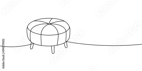 Round ottoman in minimal line art. Outline vector illustration for furniture and home decor.