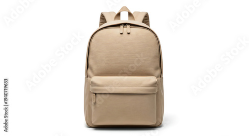 Beige fabric backpack with front pocket and straps  travel accessory transparent background