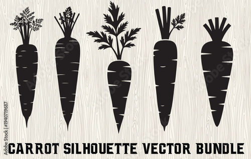 silhouette bundle of five fresh carrots isolated on white vector design , carrot set collection pack bundle black shape icon silhouette vector flat illustration design on white background 