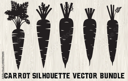 silhouette bundle of five fresh carrots isolated on white vector design , carrot set collection pack bundle black shape icon silhouette vector flat illustration design on white background 