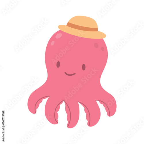 Pink cartoon octopus wearing yellow straw hat. Cute sea animal character for summer, kids, or beach-themed illustrations.