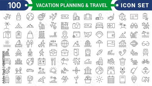 Vacation Planning and Travel solid icon set. Contains symbols for Airplane, Passport, Hotel Building, and Vacation Schedule. Flat vector design for travel booking apps and tourism marketing.