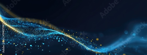 Abstract flowing blue and yellow light particles on a dark background.